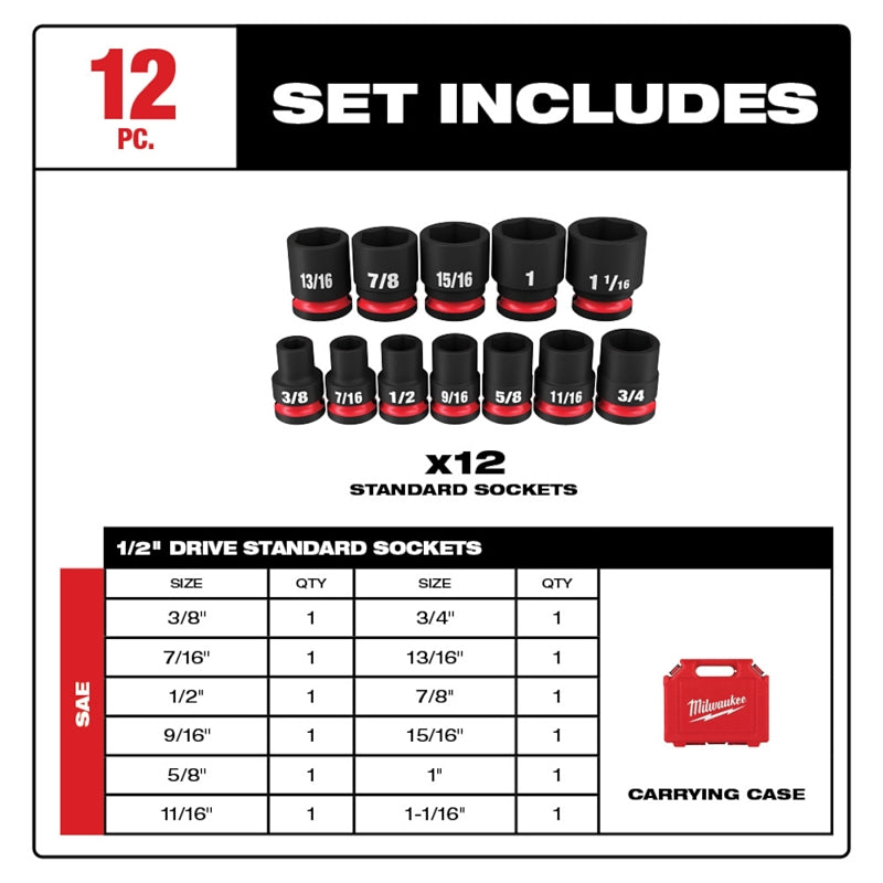 Milwaukee 49-66-7010 SHOCKWAVE Impact Duty Series Standard Socket Set, Steel, Includes: (1) Storage Case