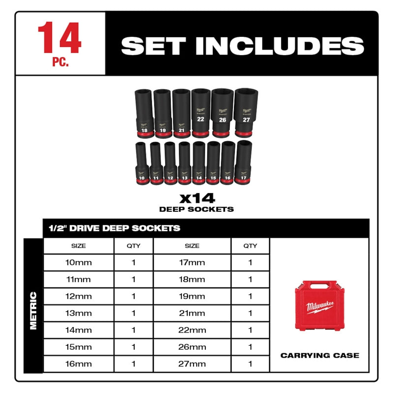 Milwaukee SHOCKWAVE Impact Duty 49-66-7014 Deep Socket Set, Steel, Black
