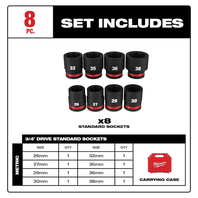 Milwaukee SHOCKWAVE Impact Duty 49-66-7019 Standard Socket Set, Molybdenum Steel, Chrome-Plated, Black