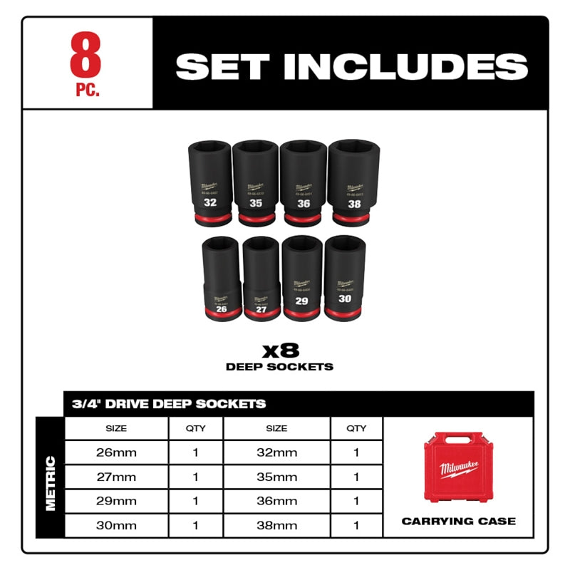 Milwaukee SHOCKWAVE Impact Duty 49-66-7020 Deep Socket Set, Molybdenum Steel, Chrome-Plated, Black