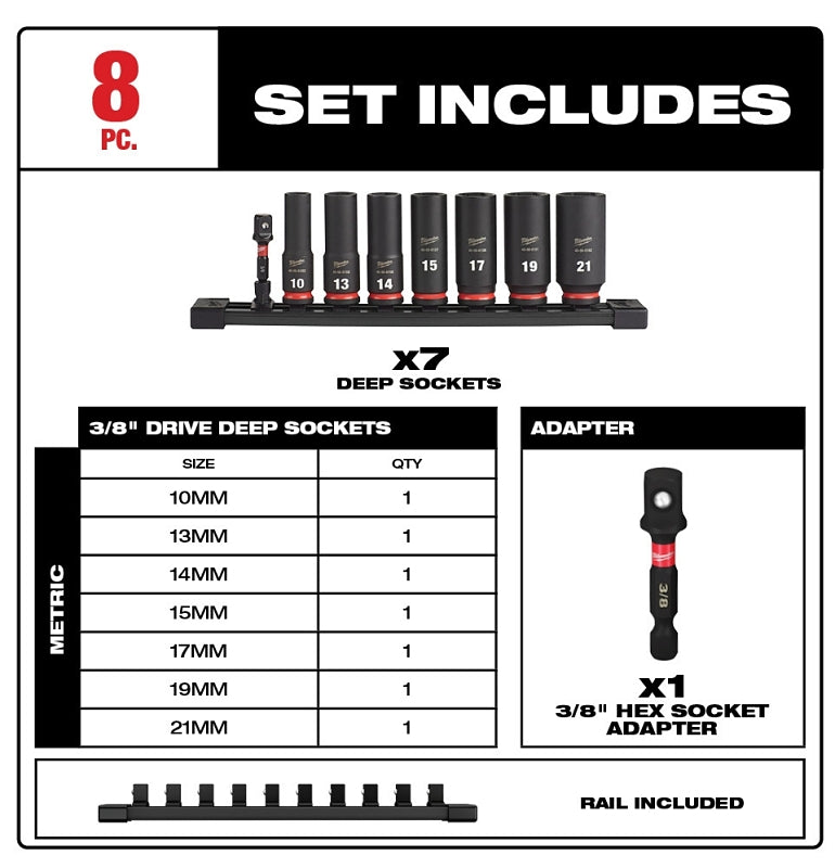 Milwaukee SHOCKWAVE Impact Duty Series 49-66-7021 Socket Set, Steel, Specifications: 3/8 in Drive