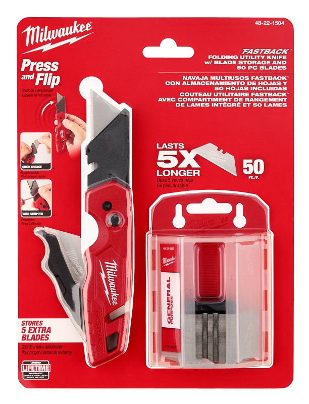 Milwaukee FASTBACK Series 48-22-1504 Folding Utility Knife and Blade Set, 1-1/4 in L Blade, Steel Blade, 50-Blade