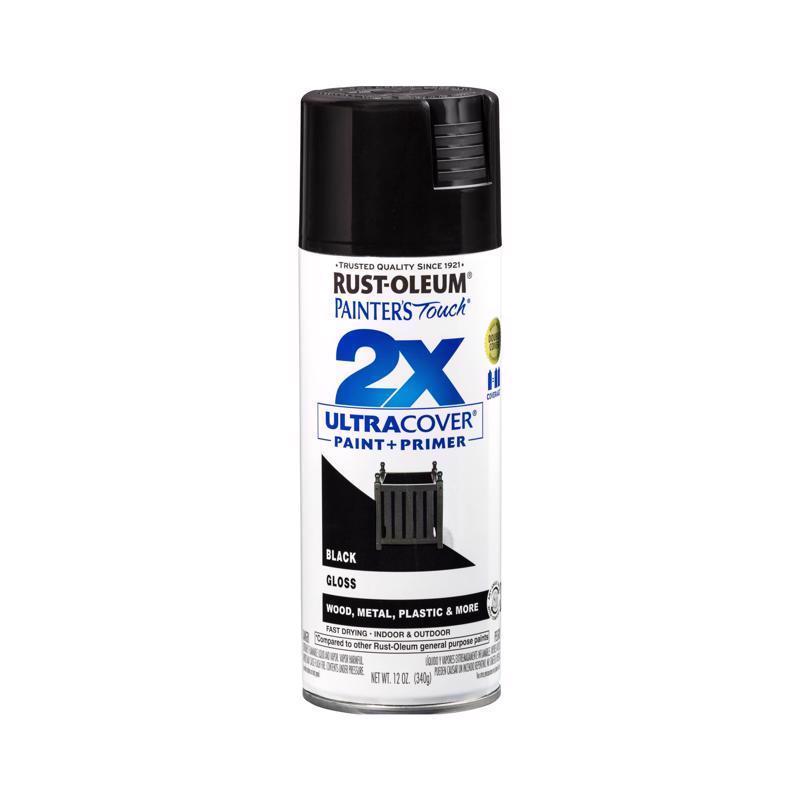 Rust-Oleum Painter's Touch 2X Ultra Cover Gloss Black Paint+Primer Spray Paint 12 oz, Pack of 6