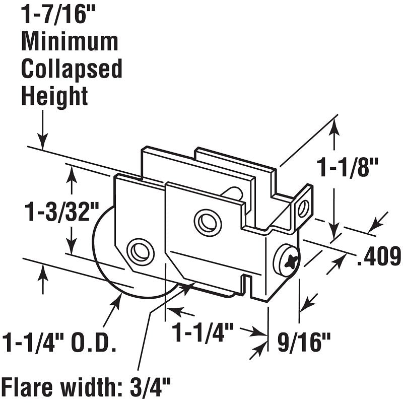 Prime-Line D 1686 Roller Assembly, 1-5/16 in L x 9/16 in W x 1-1/8 in H Dimensions, 1-1/4 in Dia Roller, Steel, F-Tab