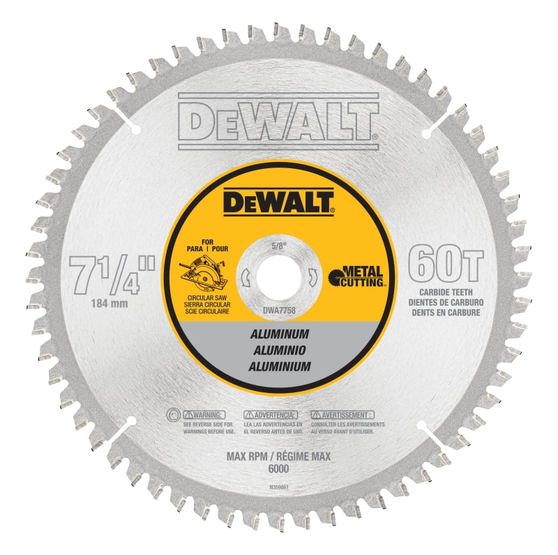 DEWALT DWA7758 Circular Saw Blade, 7-1/4 in Dia, 5/8 in Arbor, 60-Teeth, Tungsten Carbide Cutting Edge