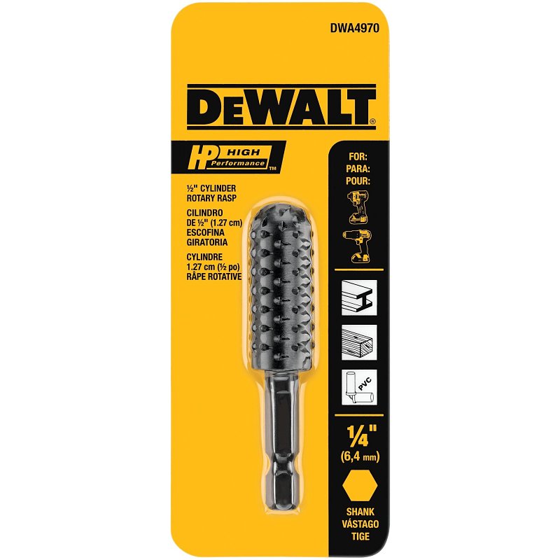 DEWALT DWA4970 Cylinder Rotary Rasp, 1/2 in Dia Cutting, 1/4 in Dia Shank, Steel