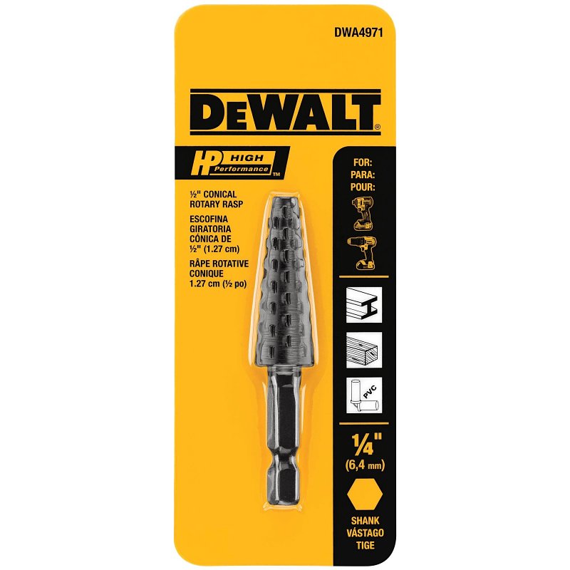 DEWALT DWA4971 Conical Radius End Rotary File, 1/2 in Dia Cutting, 1/4 in Dia Shank, Steel
