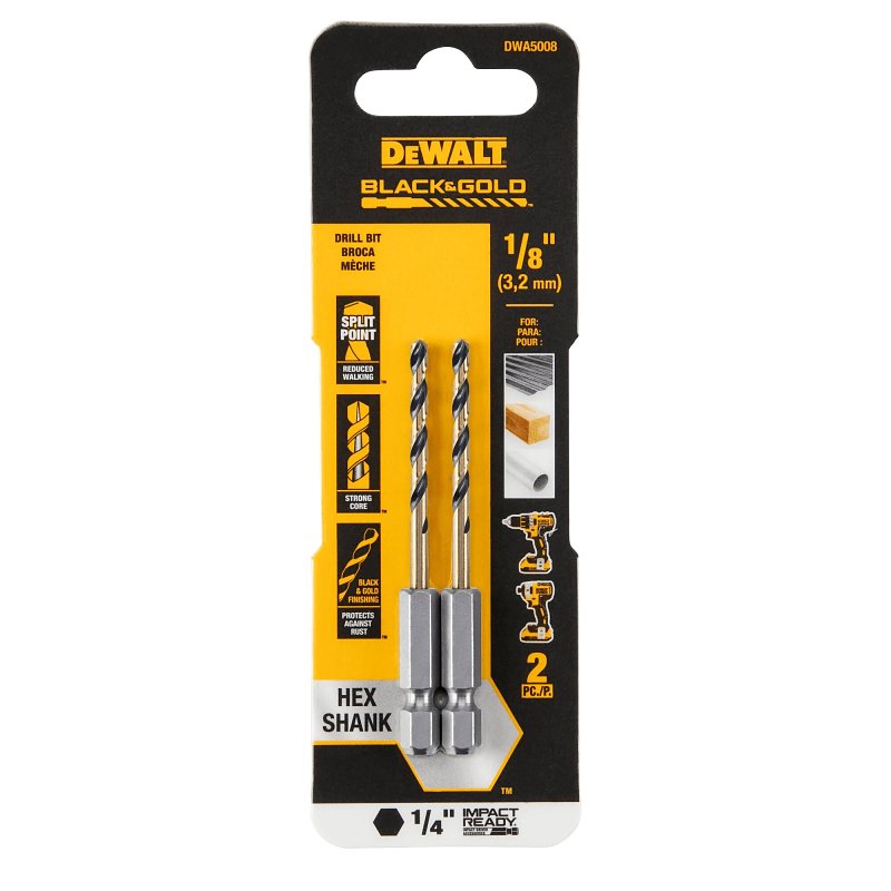 DEWALT DWA5008 Drill Bit, 1/8 in Dia, 2-7/8 in OAL, Heavy-Duty, 1/4 in Dia Shank, Hex Shank