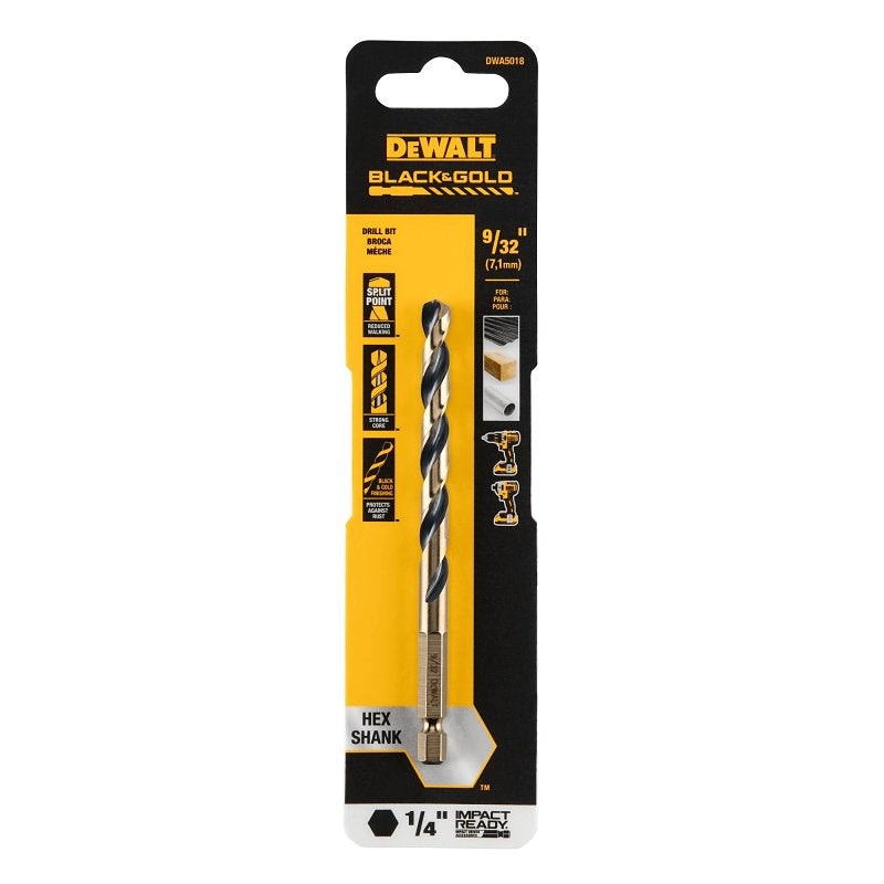 DEWALT DWA5018 Drill Bit, 9/32 in Dia, 4-3/8 in OAL, Heavy-Duty, 1/4 in Dia Shank, Hex Shank
