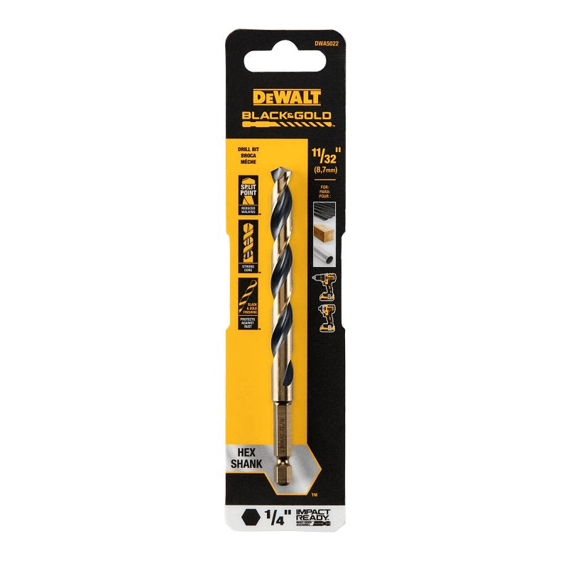 DEWALT DWA5022 Drill Bit, 11/32 in Dia, 4-7/8 in OAL, Heavy-Duty, 1/4 in Dia Shank, Hex Shank