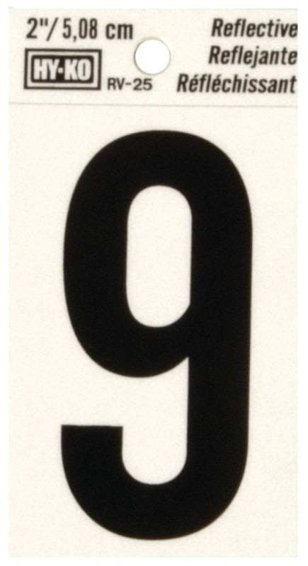 Hy-Ko RV-25 Series RV-25/9 Self-Adhesive Reflective Number, Character: 9, 2 in H Character, Black Character, Vinyl, Pack of 10