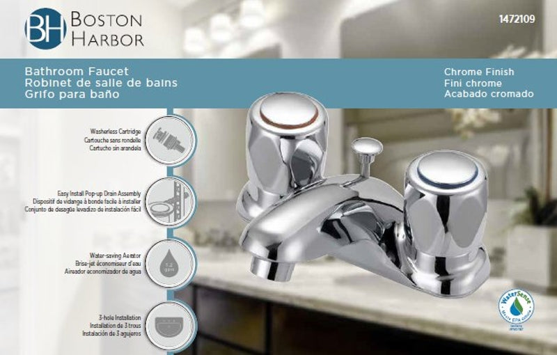 Boston Harbor F5120052CP Lavatory Faucet, 1.2 gpm, 2-Faucet Handle, 3-Faucet Hole, Metal/Plastic, Chrome, Round Handle