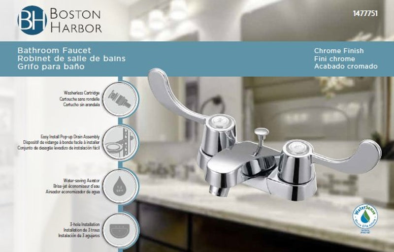 Boston Harbor F5120005CP Lavatory Faucet, 1.2 gpm, 2-Faucet Handle, 3-Faucet Hole, Metal/Plastic, Chrome, Lever Handle