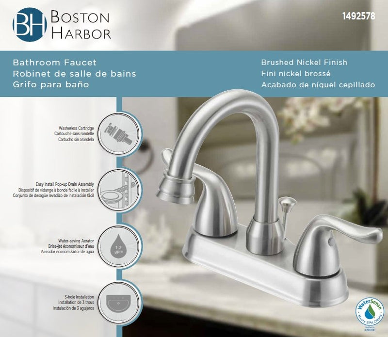 Boston Harbor TQ-5111080NP Lavatory Faucet, 1.2 gpm, 2-Handle, 3-Faucet Hole, Metal/Plastic, Brushed Nickel