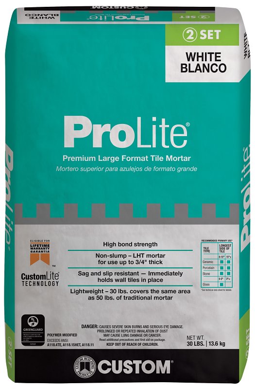 Custom PLMW30 Premium Large Format Tile Mortar, White, 30 lb, Bag