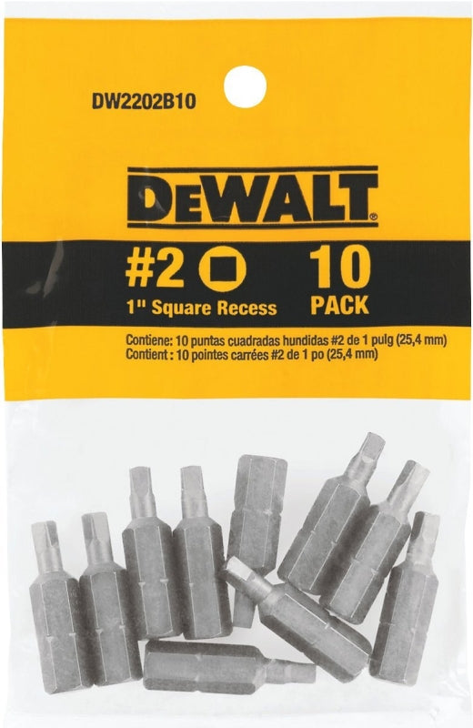 DEWALT DW2202B10 Insert Bit Tip, #2 Drive, Square Recess Drive, 1/4 in Shank, Hex Shank, 1 in L, Steel, 10/PK