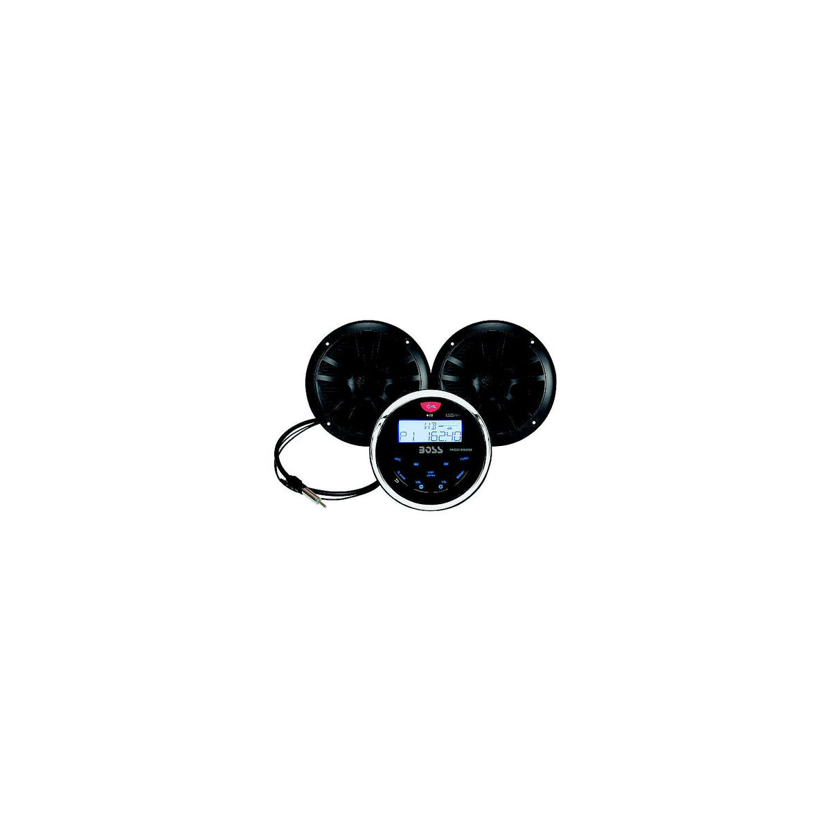 Boss Audio MCKGB350B6 Bluetooth Black In-Dash Gauge Receiver Package w/ 6-1/2″ Black Marine Speakers