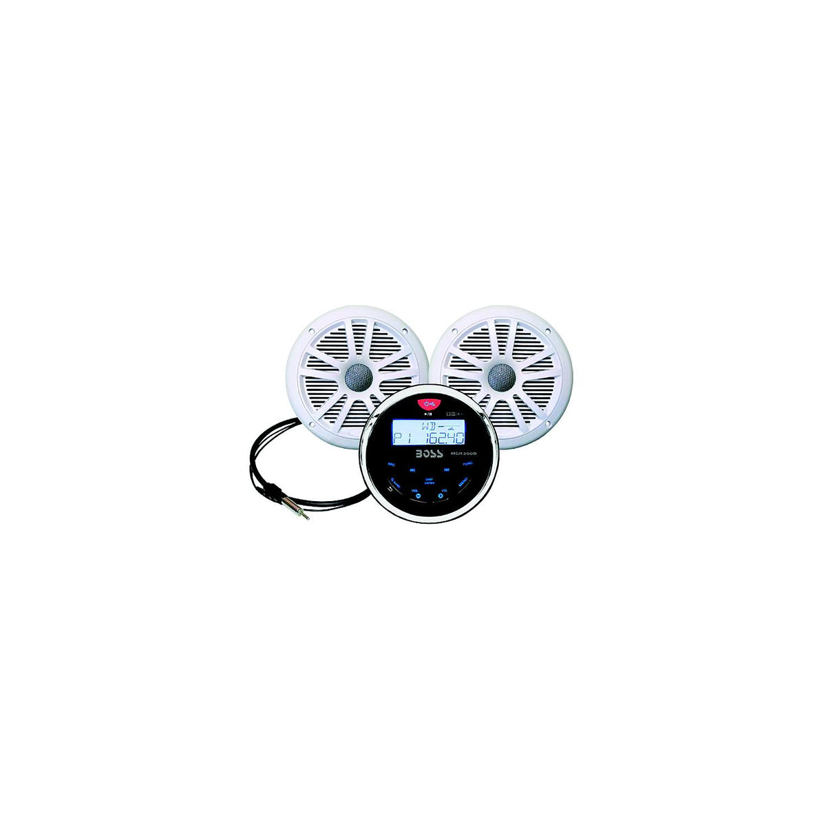 Boss Audio MCKGB350W6 Bluetooth Black In-Dash Gauge Receiver Package w/ 6-1/2″ White Marine Speakers