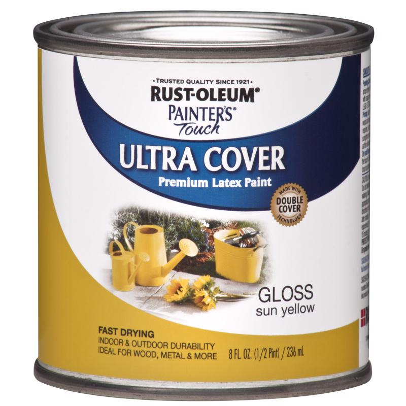 Rust-Oleum Painters Touch Ultra Cover Gloss Sun Yellow Water-Based Paint Exterior and Interior 8 oz, Pack of 6