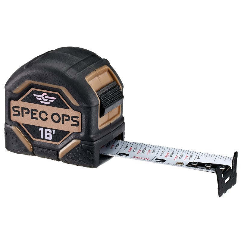 Spec Ops SPEC-TM16 Tape Measure, 16 ft L Blade, Composite Case, Black/Flat Dark Earth Case