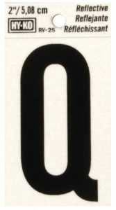 Hy-Ko RV-25/Q Reflective Letter, 1-1/2 in W x 3 in H Dimensions, Character: Q, 2 in H Character, Black Character, Vinyl, Pack of 10