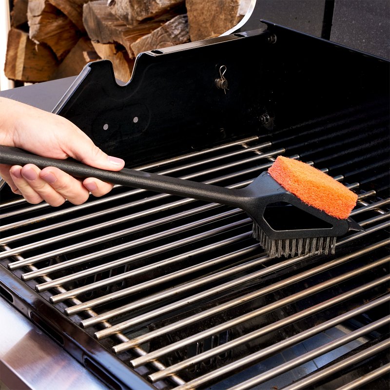 Mr. BAR-B-Q 60320Y Dual Head Grill Brush with Scrub Pad, Stainless Steel Bristle, Easy Grip Handle