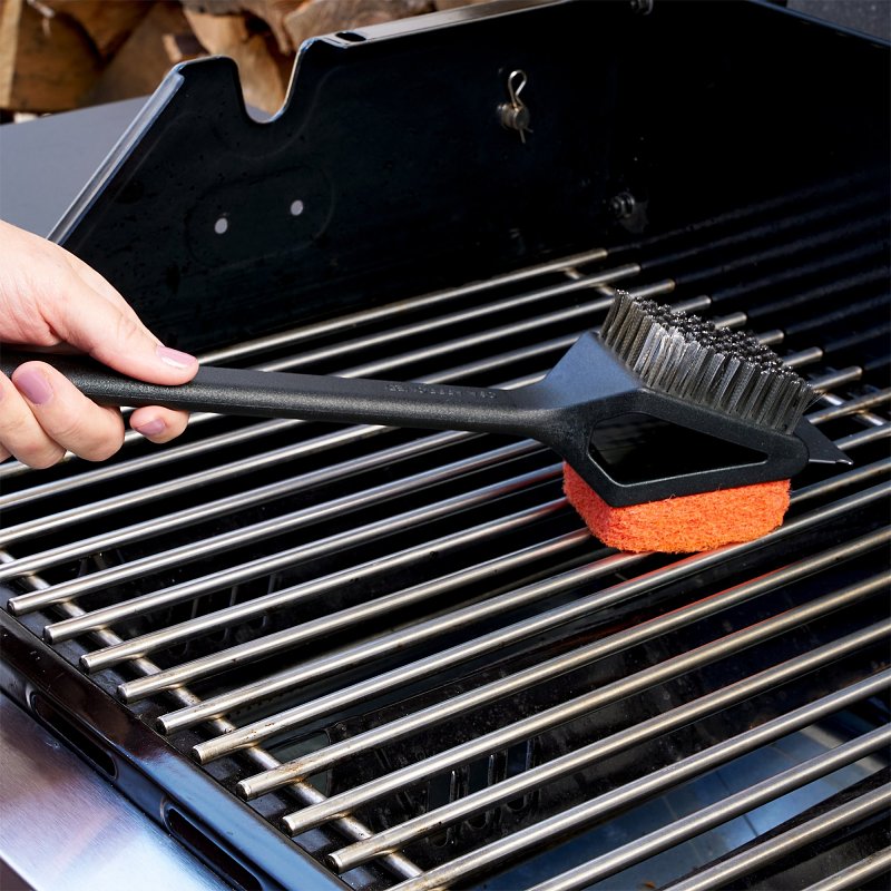 Mr. BAR-B-Q 60320Y Dual Head Grill Brush with Scrub Pad, Stainless Steel Bristle, Easy Grip Handle