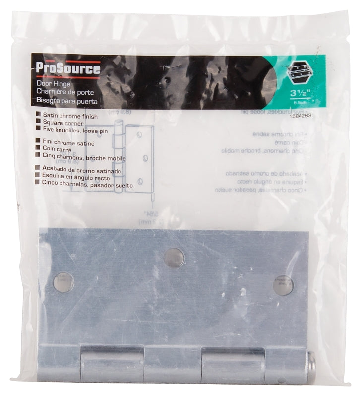 ProSource 20338SCX Square Corner Door Hinge, 3-5/8 in H Door Leaf, 1-1/2 in W Door Leaf, 2.2 mm Thick Door Leaf, Steel