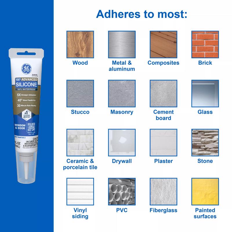 GE Advanced White Silicone 2 Window and Door Caulk Sealant 2.8 oz