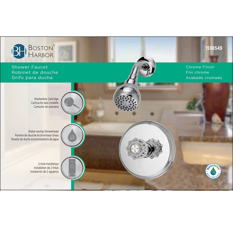 Boston Harbor GU-F1010207CP Shower Faucet, 1.75 gpm, 2.75 in Showerhead, Metal/Plastic, Round Showerhead, Knob Handle