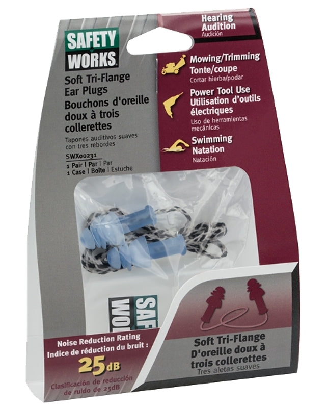 Safety Works SWX00231-01 Ear Plugs, 25 dB NRR, Tri-Flange, Plastic, Blue