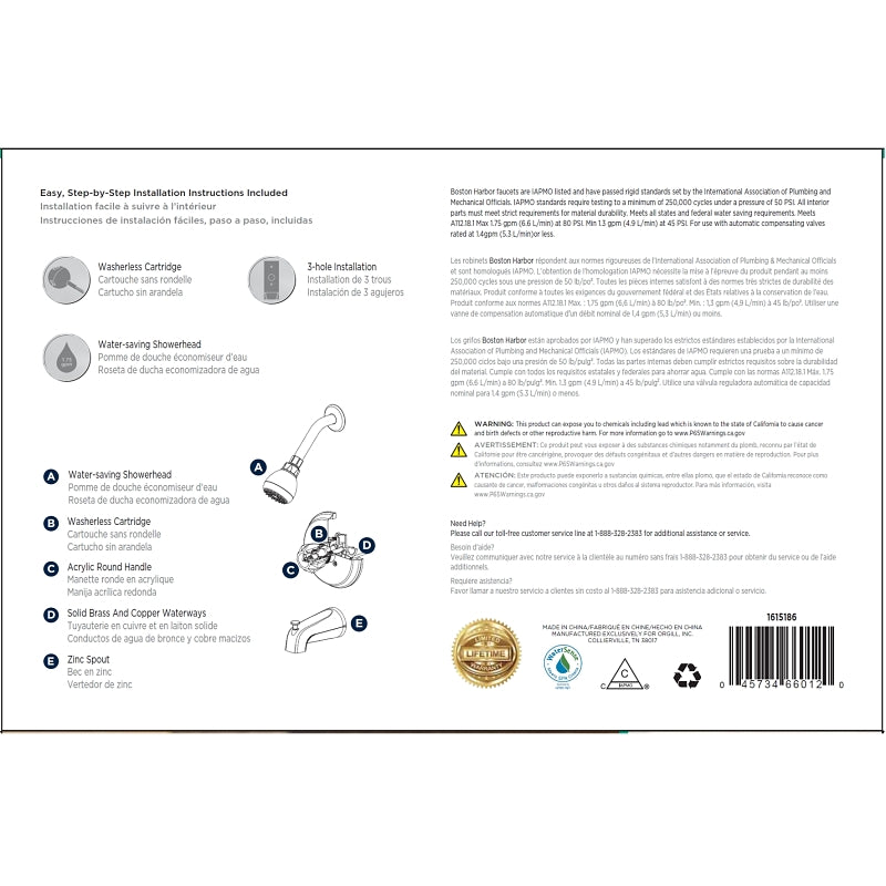 Boston Harbor GU-F1010509CP Tub/Shower, Fixed Mount Showerhead, 1.75 gpm Showerhead, 1 Spray Settings, 1-Handle