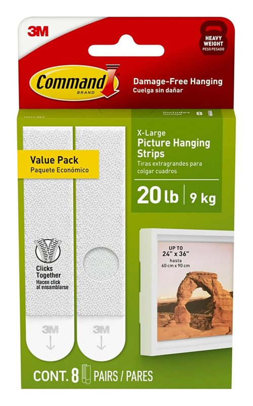 Command 17217-8ES Picture Hanging Strip, Foam Backing, White, 20 lb, 8/PR