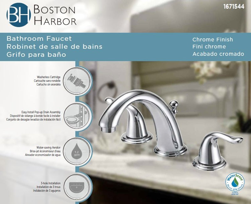 Boston Harbor TQ-FW6B0000CP Lavatory Faucet, 1.2 gpm, 2-Faucet Handle, 3-Faucet Hole, Brass/Plastic/Zinc, Chrome