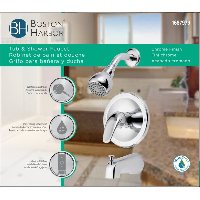 Boston Harbor TQ-F1014209CP Tub/Shower, Fixed-Mount Showerhead, 1.75 gpm Showerhead, 1-Spray Setting, 1-Handle