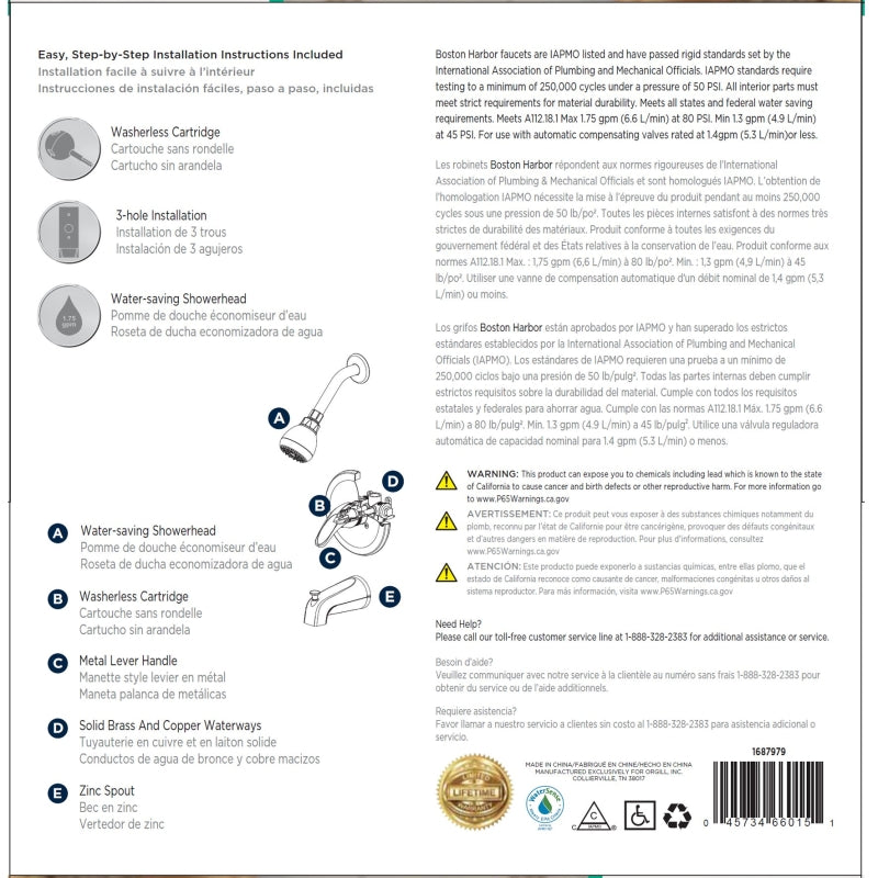 Boston Harbor TQ-F1014209CP Tub/Shower, Fixed Mount Showerhead, 1.75 gpm Showerhead, 1 Spray Settings, 1-Handle