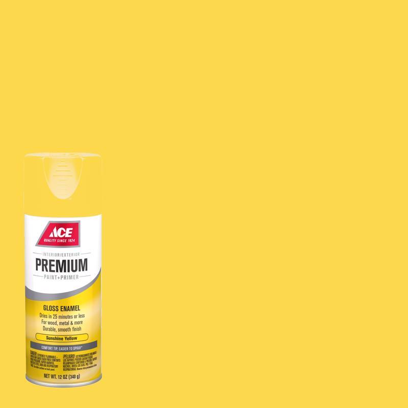 Ace Premium Gloss Sunshine Yellow Paint + Primer Enamel Spray 12 oz, Pack of 6
