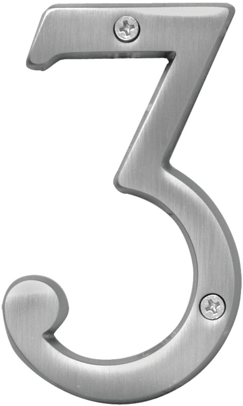 Hy-Ko BR-43SN, Prestige Series BR-43SN/3 House Number, Character: 3, 4 in H Character, Brass, Pack of 3