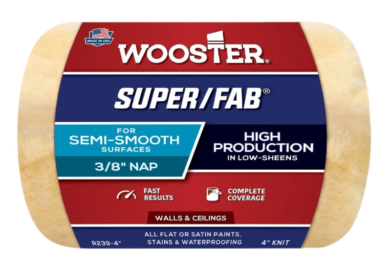 Wooster Super/Fab R239-4 Roller Cover, 3/8 in Thick Nap, 4 in L, Fabric Cover, Golden Yellow, Pack of 12