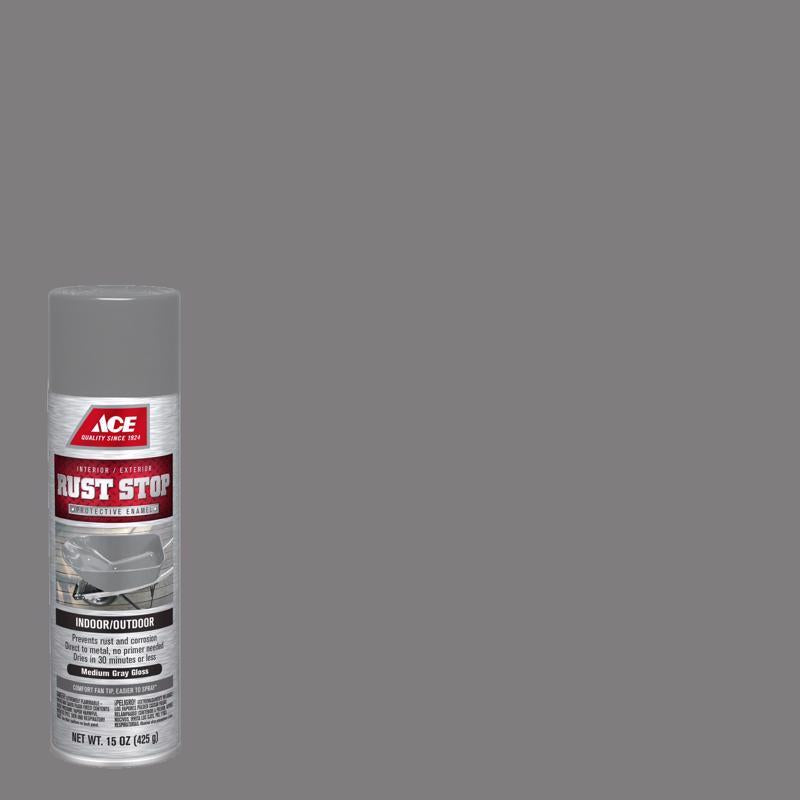 Ace Rust Stop Gloss Medium Gray Protective Enamel Spray Paint 15 oz, Pack of 6