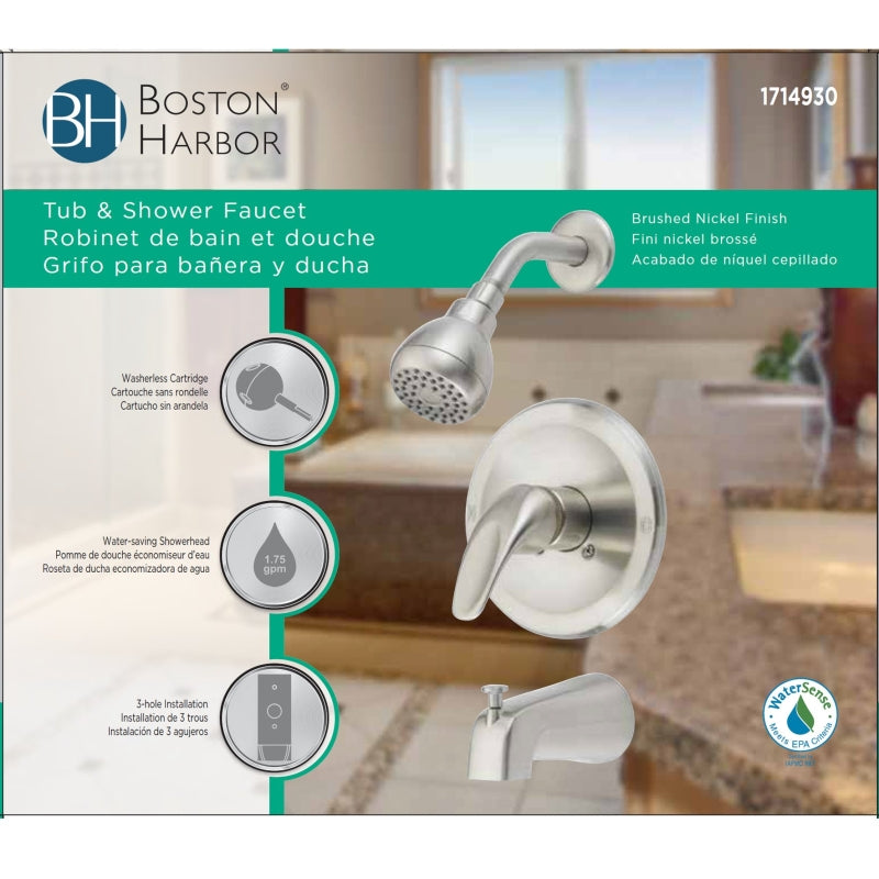 Boston Harbor TQ-F1014209NP Tub/Shower, Fixed-Mount Showerhead, 1.75 gpm Showerhead, 1-Spray Setting, 1-Handle