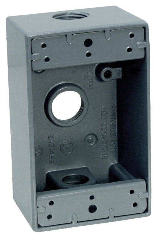 Teddico/Bwf 1753-1 Outlet Box, 1-Gang, 3-Knockout, 3-3/4 in, Metal, Gray, Powder-Coated