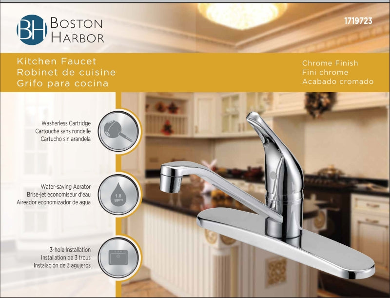 Boston Harbor FS610048CP Kitchen Faucet, 1.8 gpm, 4-Faucet Hole, Metal/Plastic, Chrome, Deck Mounting, Lever Handle