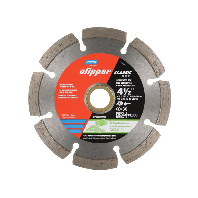 Norton 7660702789 Saw Blade, 4-1/2 in Dia, 5/8 in Arbor, Diamond Cutting Edge