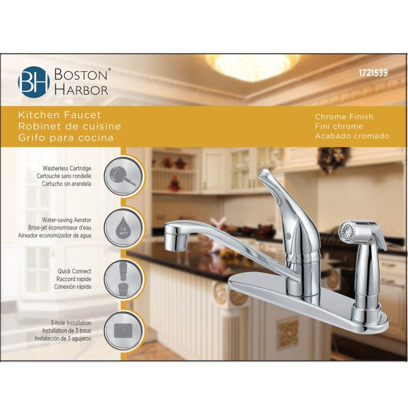Boston Harbor FS610045CP Kitchen Faucet, 1.8 gpm, 1-Faucet Handle, 4-Faucet Hole, Metal/Plastic, Chrome, Deck Mounting