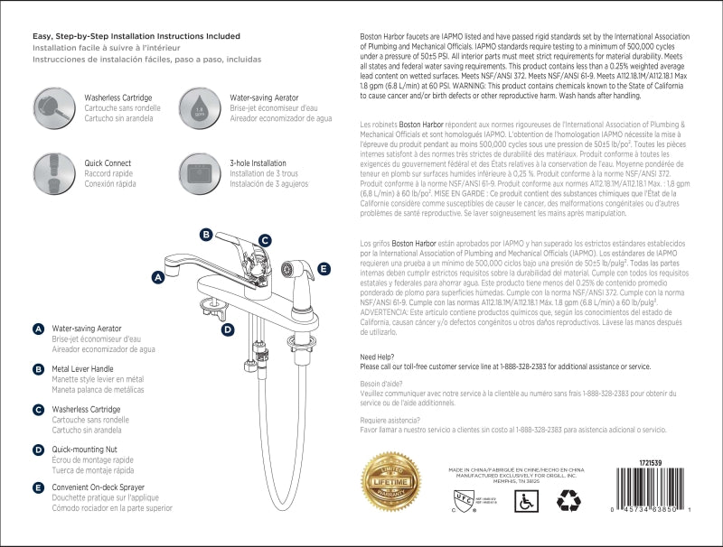 Boston Harbor FS610045CP Kitchen Faucet, 1.8 gpm, 1-Handle, 4-Faucet Hole, Metal/Plastic, Chrome Plated