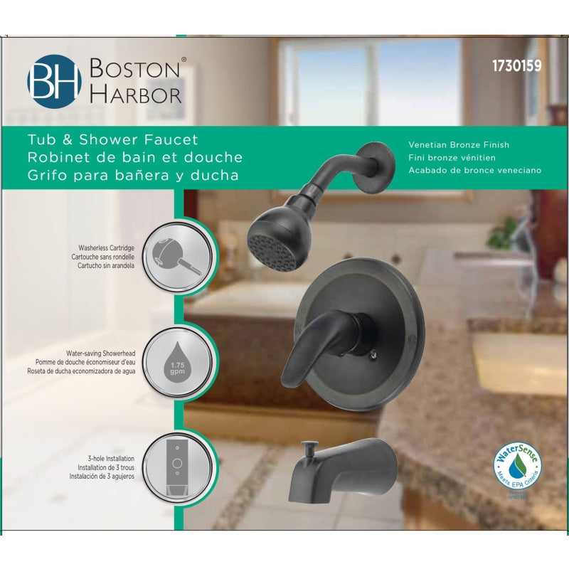 Boston Harbor TQ-F1014209RW Tub/Shower, Fixed-Mount Showerhead, 1.75 gpm Showerhead, 1-Spray Setting, 1-Handle