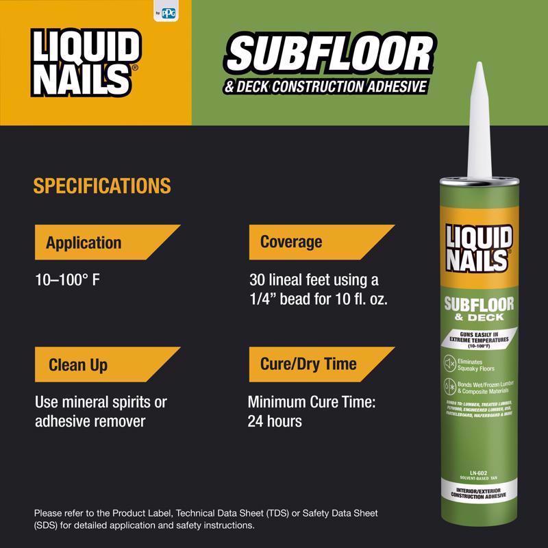Liquid Nails Subfloor & Deck Synthetic Rubber Construction Adhesive 10 oz, Pack of 12