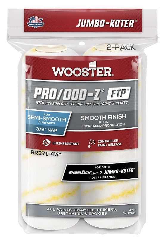 Wooster Pro/Doo-Z FTP RR371-4 1/2 Roller Cover, 3/8 in Thick Nap, 4-1/2 in L, Fabric Cover, White