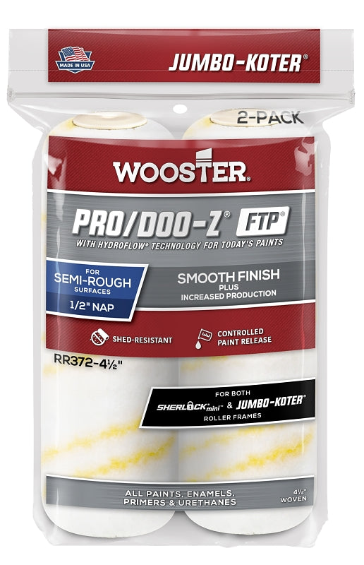 Wooster RR372-4 1/2 Roller Cover, White, 1/2 in Thick Nap, 4-1/2 in L, Fabric Cover